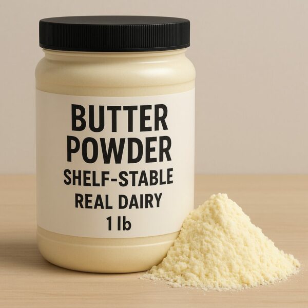 A 1lb container of shelf-stable butter powder labeled “Real Dairy” with a pile of light yellow powder next to it on a wooden surface.