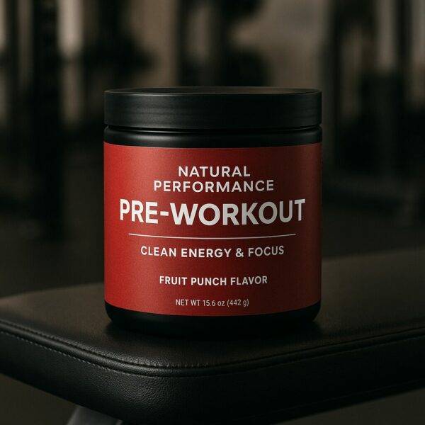 Natural performance pre-workout supplement with fruit punch flavor on gym bench