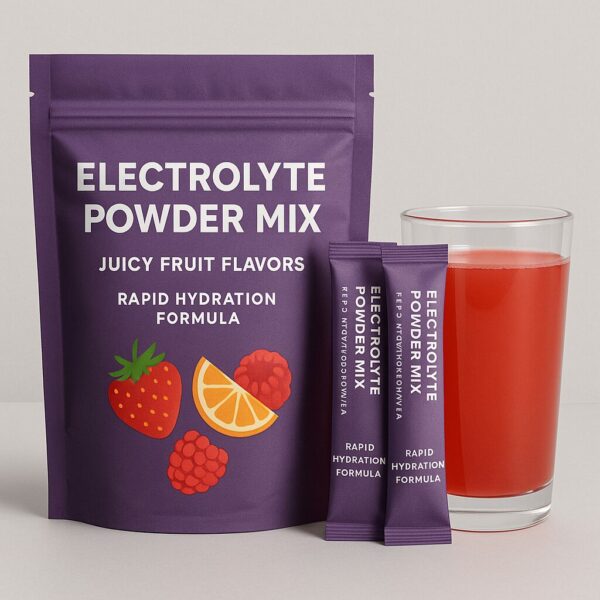 Electrolyte powder mix in juicy fruit flavors, shown with a purple resealable bag, stick packets, and a glass of red hydration drink.