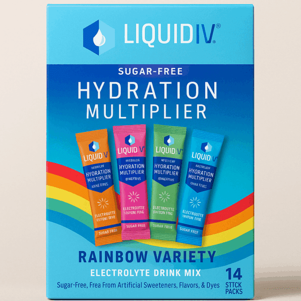 A box of Liquid I.V. Hydration Multiplier Sugar-Free Rainbow Variety with 14 single-serve stick packs in colorful fruity flavors, placed on a light background.