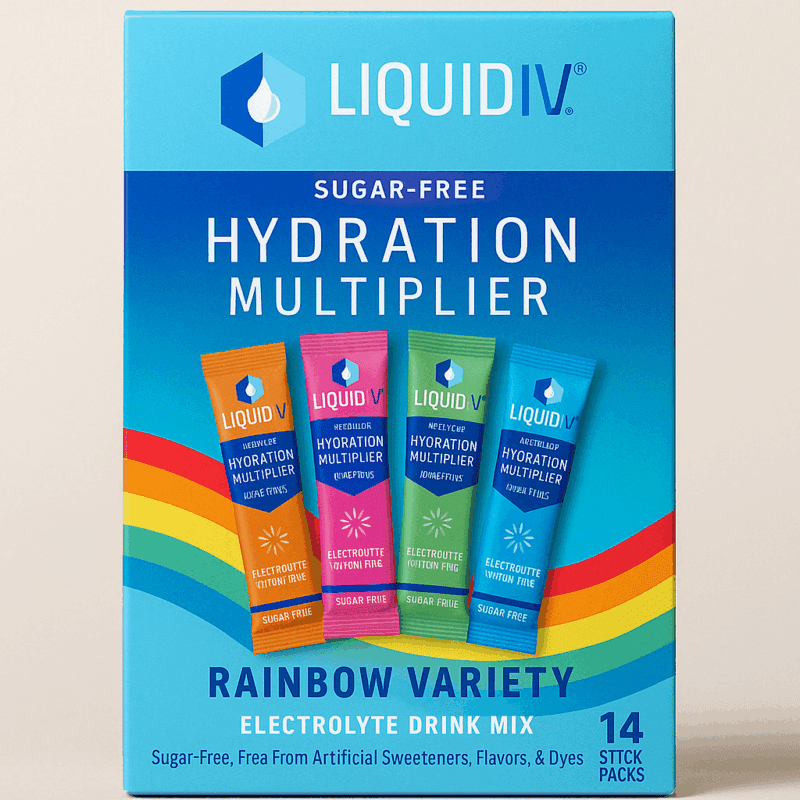 A box of Liquid I.V. Hydration Multiplier Sugar-Free Rainbow Variety with 14 single-serve stick packs in colorful fruity flavors, placed on a light background.