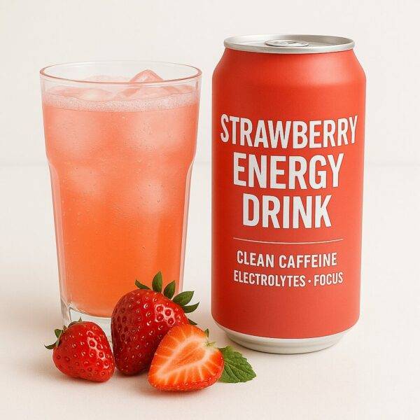 A tall glass of pink strawberry energy drink with ice sits beside a red can labeled "Strawberry Energy Drink – Clean Caffeine, Electrolytes, Focus," with fresh strawberries and mint leaf arranged in front on a white surface.