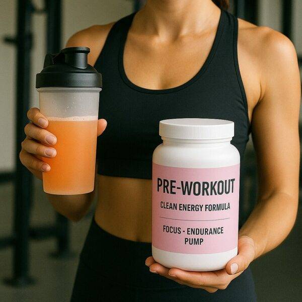 A fit woman in black workout attire holds a shaker of orange pre-workout drink and a white container labeled "Pre-Workout – Clean Energy Formula – Focus • Endurance • Pump" in a modern gym setting.