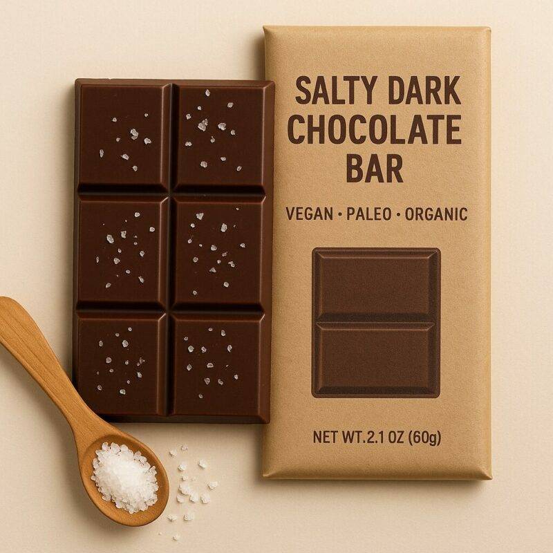 A salty dark chocolate bar sprinkled with sea salt, unwrapped beside natural kraft packaging labeled “Vegan • Paleo • Organic,” with a wooden spoon holding coarse salt on a beige background.