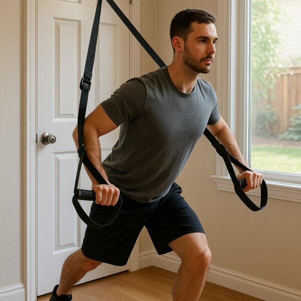 A man performing suspended push-ups using a suspension trainer anchored to a door, wearing workout clothes in a bright indoor room with wooden flooring.