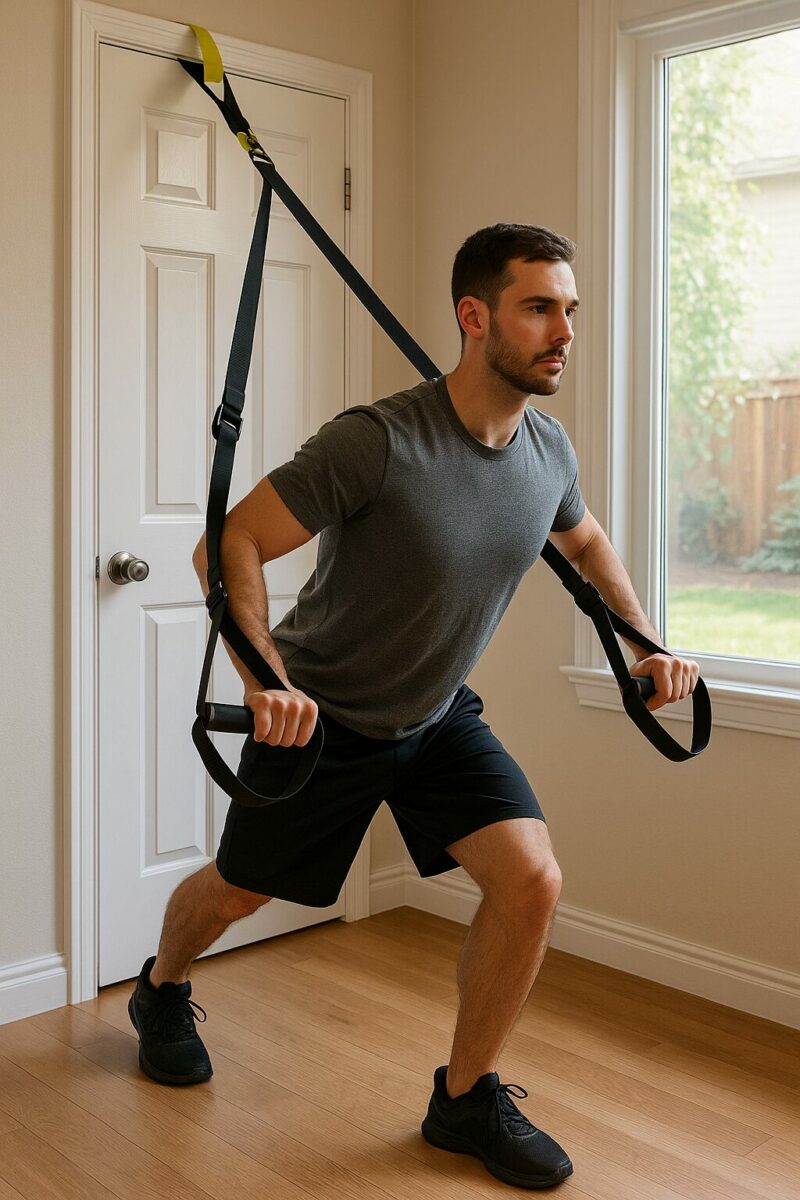 A man performing suspended push-ups using a suspension trainer anchored to a door, wearing workout clothes in a bright indoor room with wooden flooring.