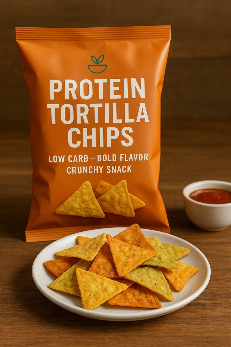 A matte orange bag labeled 'Protein Tortilla Chips' beside a white plate of multicolored triangle chips and a bowl of dipping sauce on a wooden table