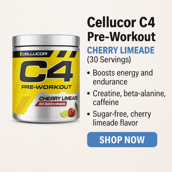 A container of Cellucor C4 Pre-Workout in Cherry Limeade flavor with bold yellow branding, product benefits listed, and a blue "Shop Now" button beside it.