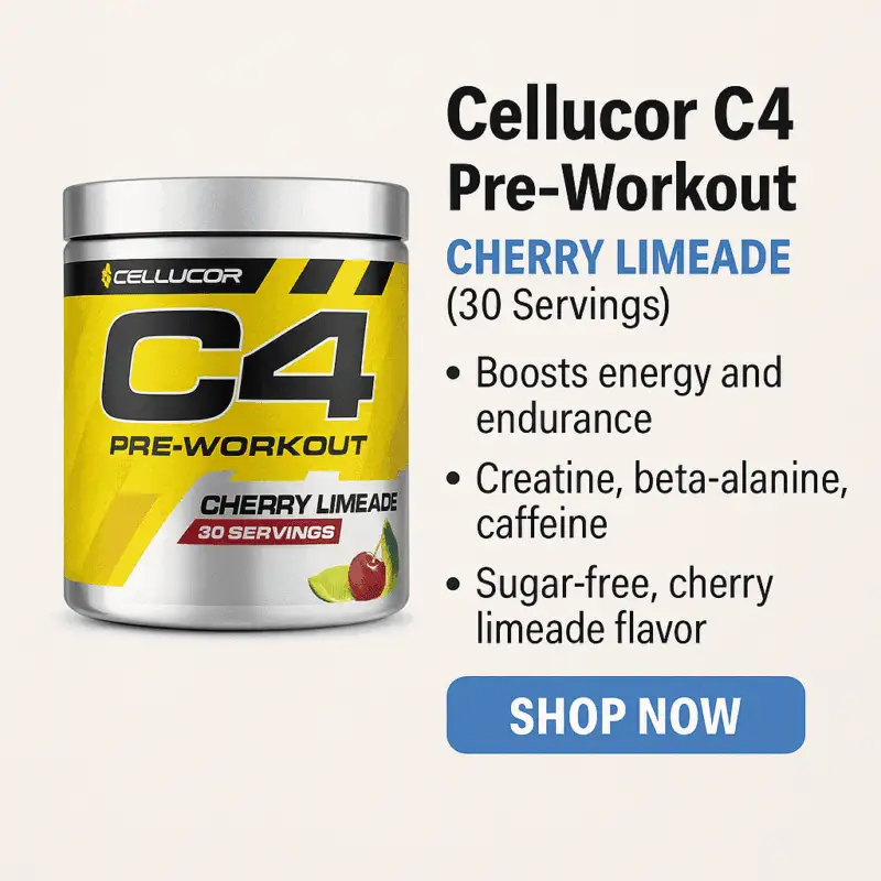 A container of Cellucor C4 Pre-Workout in Cherry Limeade flavor with bold yellow branding, product benefits listed, and a blue "Shop Now" button beside it.