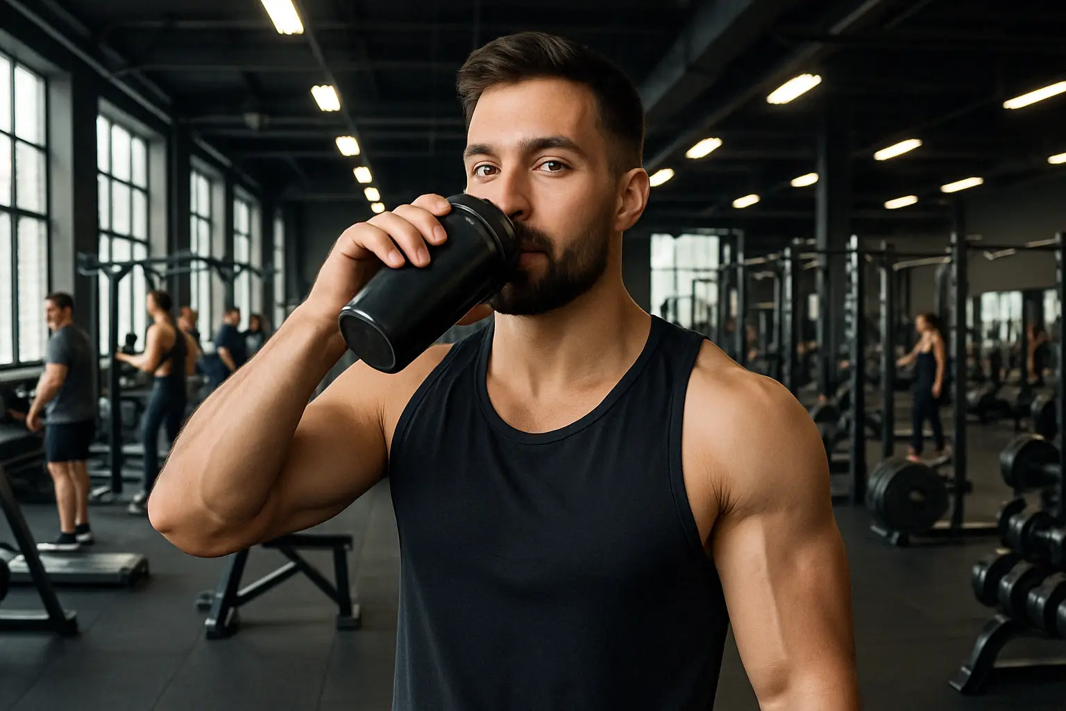 A fit man drinking a protein shake in a modern gym, surrounded by people working out and gym equipment in the background