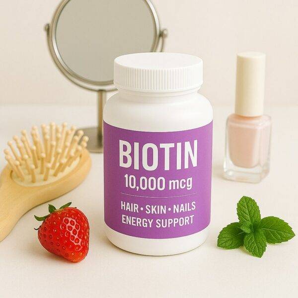 A bottle labeled "Biotin 10,000 mcg – Hair • Skin • Nails – Energy Support" sits on a soft surface surrounded by a wooden hairbrush, makeup mirror, pink nail polish, a fresh strawberry, and mint leaves.