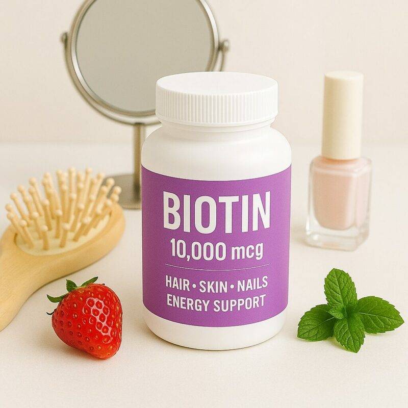 A bottle labeled "Biotin 10,000 mcg – Hair • Skin • Nails – Energy Support" sits on a soft surface surrounded by a wooden hairbrush, makeup mirror, pink nail polish, a fresh strawberry, and mint leaves.