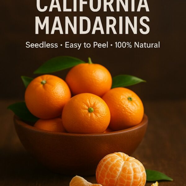 A wooden bowl filled with fresh California mandarins, with a peeled mandarin and segments in the foreground. Text overlay reads 'Sweet California Mandarins – Seedless • Easy to Peel • 100% Natural