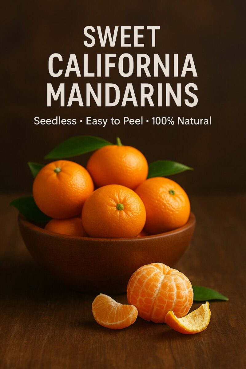 A wooden bowl filled with fresh California mandarins, with a peeled mandarin and segments in the foreground. Text overlay reads 'Sweet California Mandarins – Seedless • Easy to Peel • 100% Natural