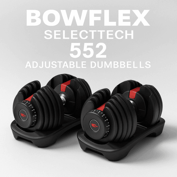 A digital photograph features a pair of Bowflex SelectTech 552 Adjustable Dumbbells with black and red design, resting on their bases, showcasing the quick-select dial system and compact size.
