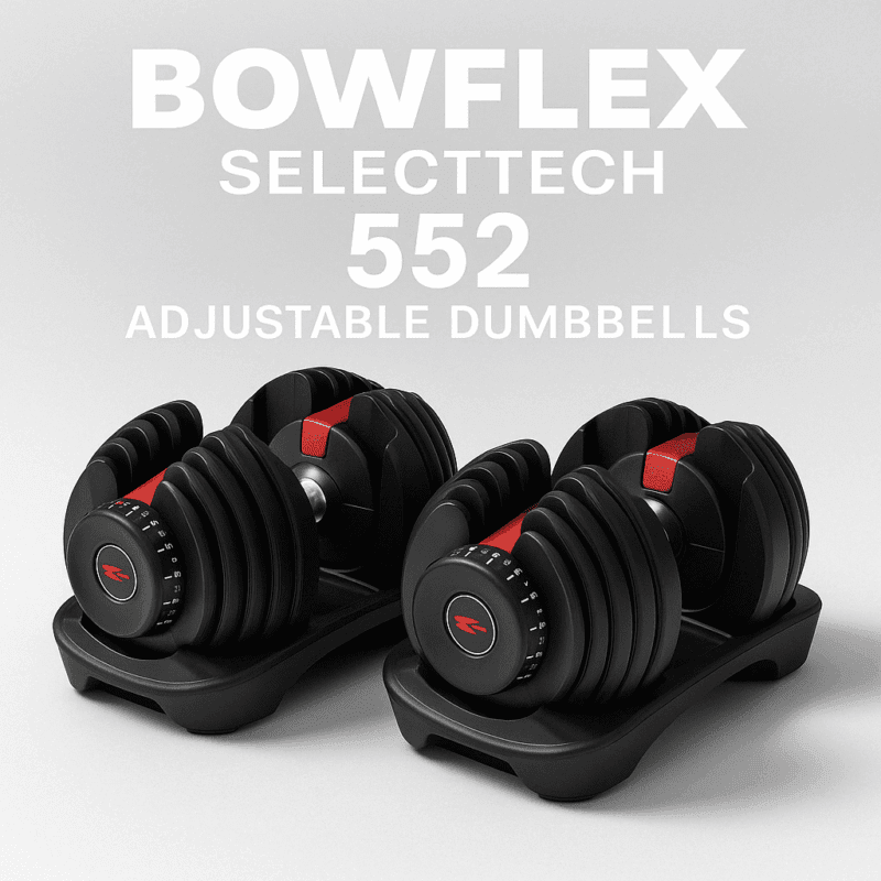 A digital photograph features a pair of Bowflex SelectTech 552 Adjustable Dumbbells with black and red design, resting on their bases, showcasing the quick-select dial system and compact size.