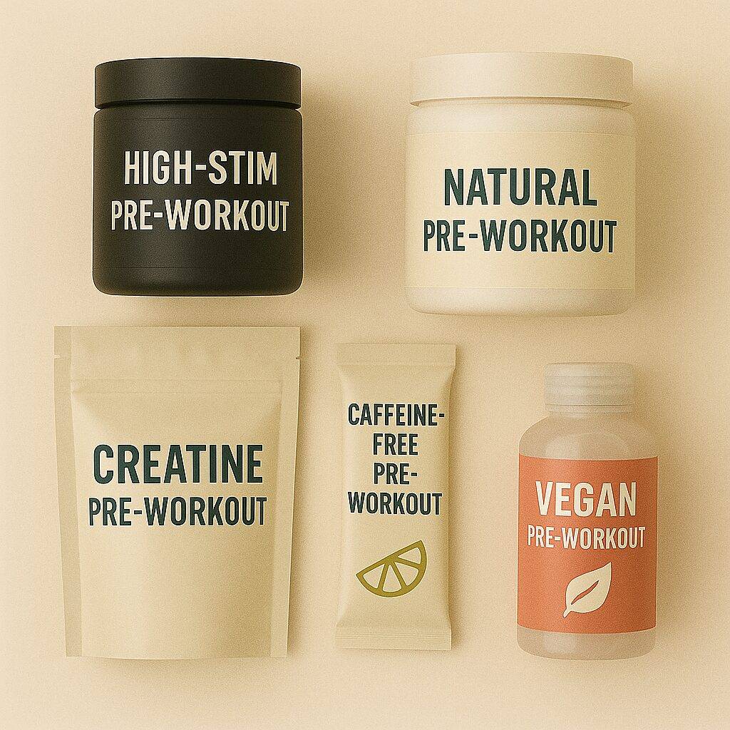 Top pre-workout boosters 2025 – high-stim, natural, creatine, caffeine-free, and vegan supplements on neutral backdrop