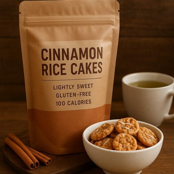 A brown stand-up pouch labeled 'Cinnamon Rice Cakes – Lightly Sweet, Gluten-Free, 100 Calories' beside a bowl of mini rice cakes and a cup of tea on a wooden table