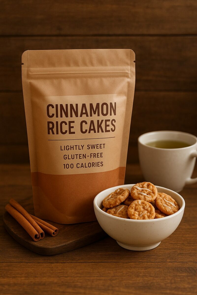 A brown stand-up pouch labeled 'Cinnamon Rice Cakes – Lightly Sweet, Gluten-Free, 100 Calories' beside a bowl of mini rice cakes and a cup of tea on a wooden table
