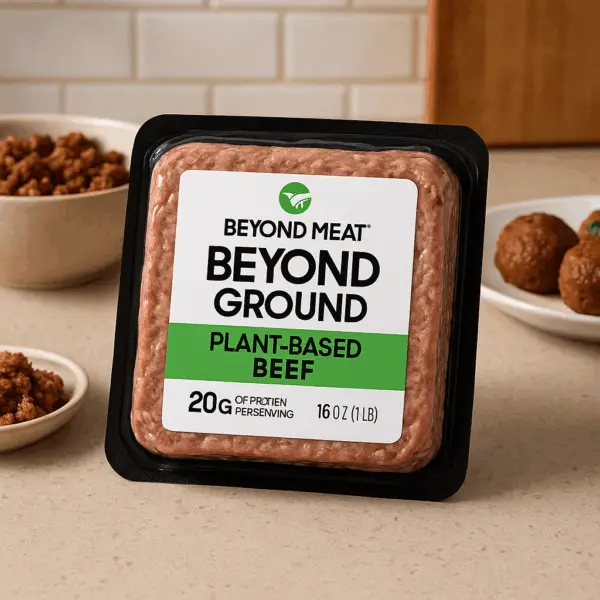 A package of Beyond Meat Plant-Based Ground Beef on a kitchen counter, with cooked plant-based meat and meatballs in bowls nearby