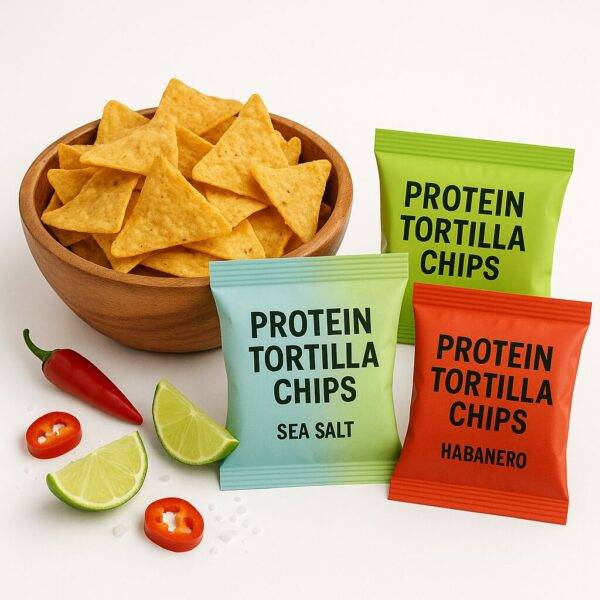A wooden bowl filled with golden tortilla chips sits beside three colorful snack bags labeled "Protein Tortilla Chips" in Sea Salt, Lime, and Habanero flavors, surrounded by lime slices, chili peppers, and salt on a white background