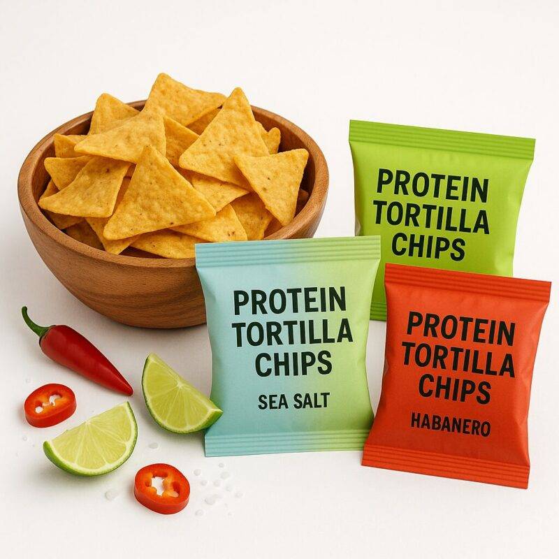 A wooden bowl filled with golden tortilla chips sits beside three colorful snack bags labeled "Protein Tortilla Chips" in Sea Salt, Lime, and Habanero flavors, surrounded by lime slices, chili peppers, and salt on a white background