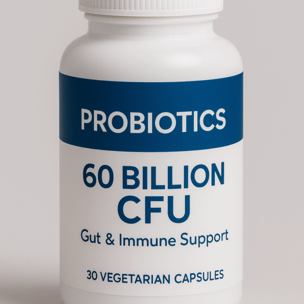 probiotic supplement 60 billion CFU for gut and immune support in white plastic bottle