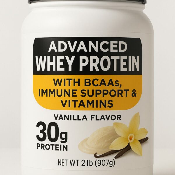 A 2lb container of advanced vanilla whey protein featuring 30g of protein, BCAAs, immune support, and vitamins, shown with vanilla flowers on a clean white background.