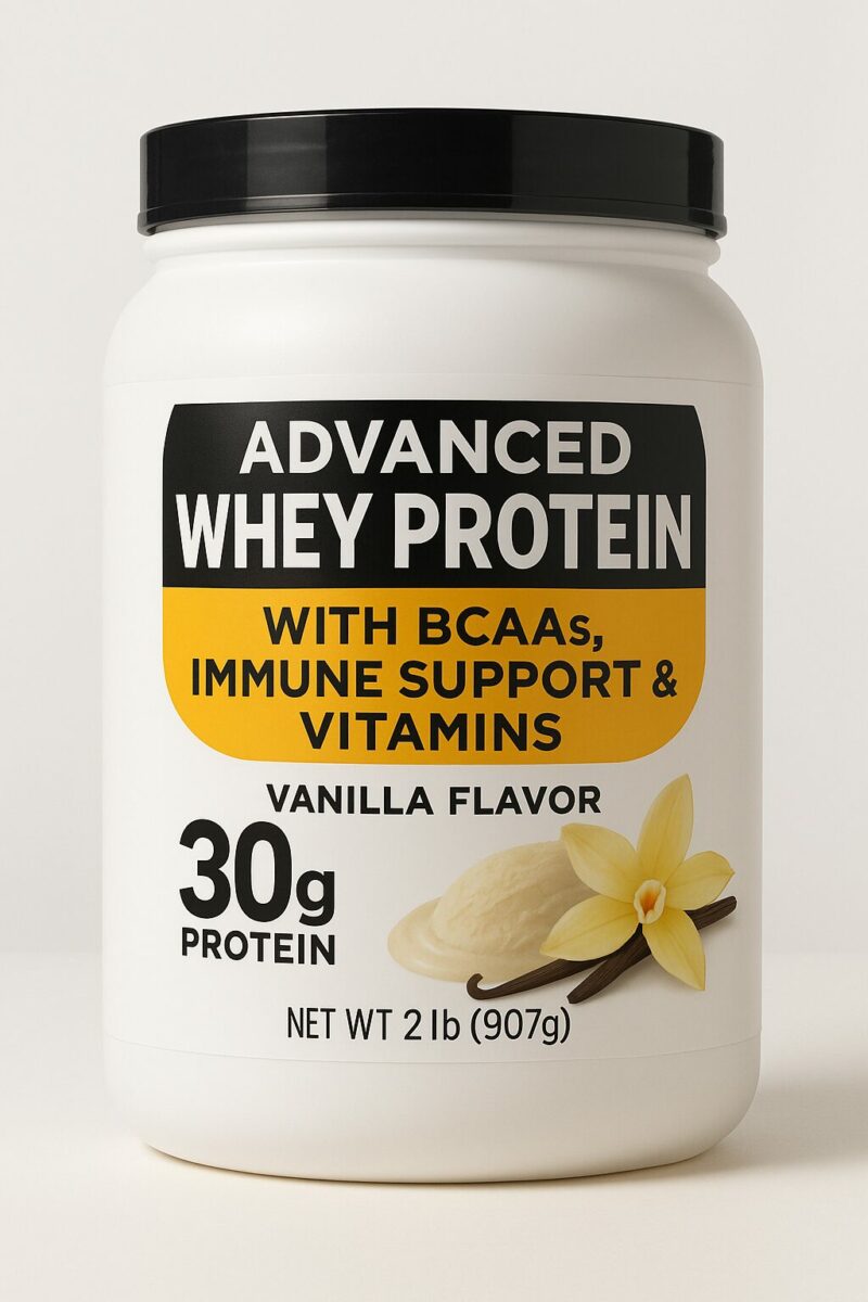 A 2lb container of advanced vanilla whey protein featuring 30g of protein, BCAAs, immune support, and vitamins, shown with vanilla flowers on a clean white background.