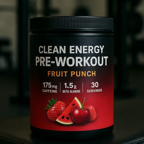 Clean energy pre-workout supplement with fruit punch flavor sitting on a black leather gym bench, with blurred gym equipment in the background