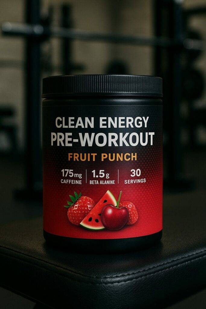 Clean energy pre-workout supplement with fruit punch flavor sitting on a black leather gym bench, with blurred gym equipment in the background