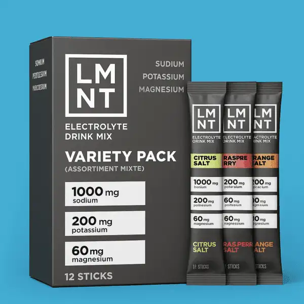 A digital photograph showcases LMNT Electrolyte Drink Mix Variety Pack with 12 colorful single-serve stick packs arranged in front of a branded box, highlighting flavors like Citrus Salt and Raspberry Salt.