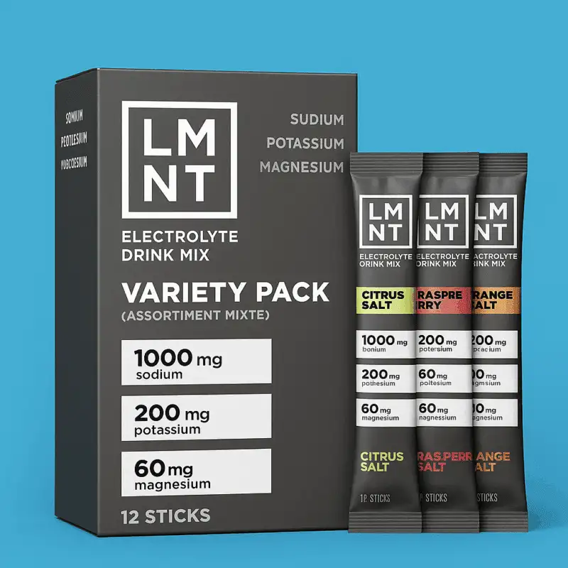 A digital photograph showcases LMNT Electrolyte Drink Mix Variety Pack with 12 colorful single-serve stick packs arranged in front of a branded box, highlighting flavors like Citrus Salt and Raspberry Salt.