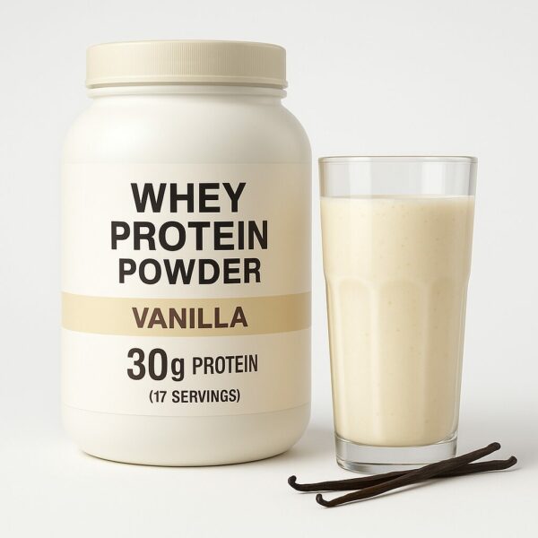 A 2lb white container of vanilla whey protein powder beside a glass of creamy vanilla protein shake and two vanilla pods, set against a white background.