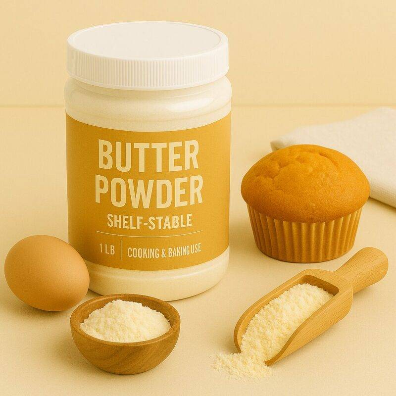 A jar labeled "Butter Powder – Shelf-Stable – 1 lb – Cooking & Baking Use" sits among a wooden scoop and bowl of butter powder, a brown egg, and a golden muffin, all arranged on a light beige background with soft lighting.