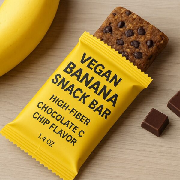 A vegan banana snack bar with chocolate chips in yellow packaging labeled “High-Fiber” resting next to a fresh banana and chocolate squares on a wooden surface.
