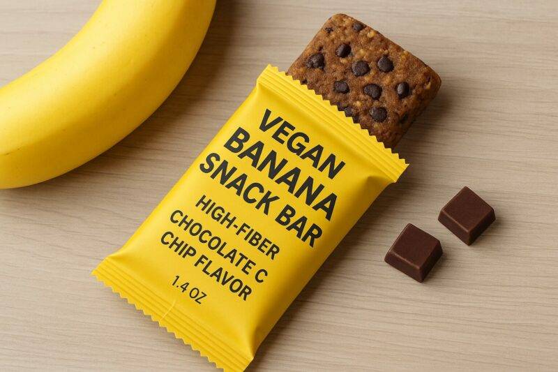 A vegan banana snack bar with chocolate chips in yellow packaging labeled “High-Fiber” resting next to a fresh banana and chocolate squares on a wooden surface.