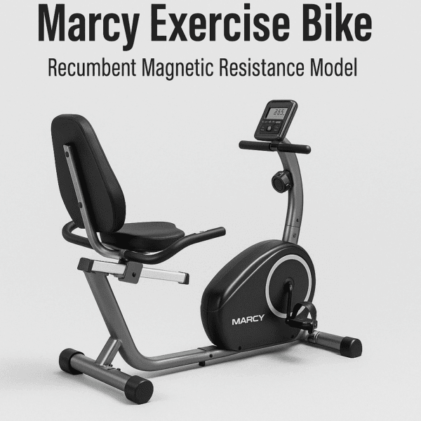 A high-resolution digital photograph features a Marcy Recumbent Magnetic Resistance Exercise Bike with an LCD display, padded seat, and silver step-through frame, set against a neutral background.