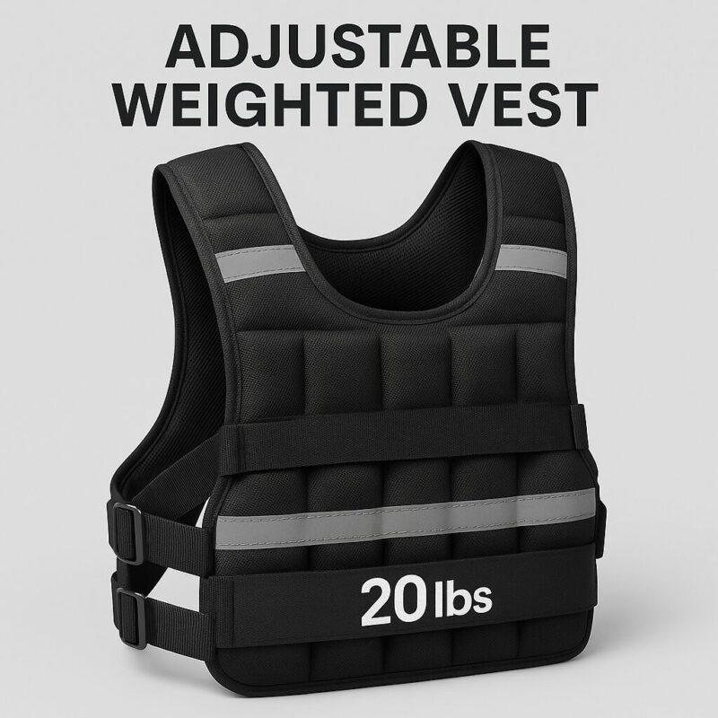 Adjustable weight vest with reflective straps, black padded design, and adjustable buckles for a secure and comfortable fit, shown with a close-up view of the chest and waist area.