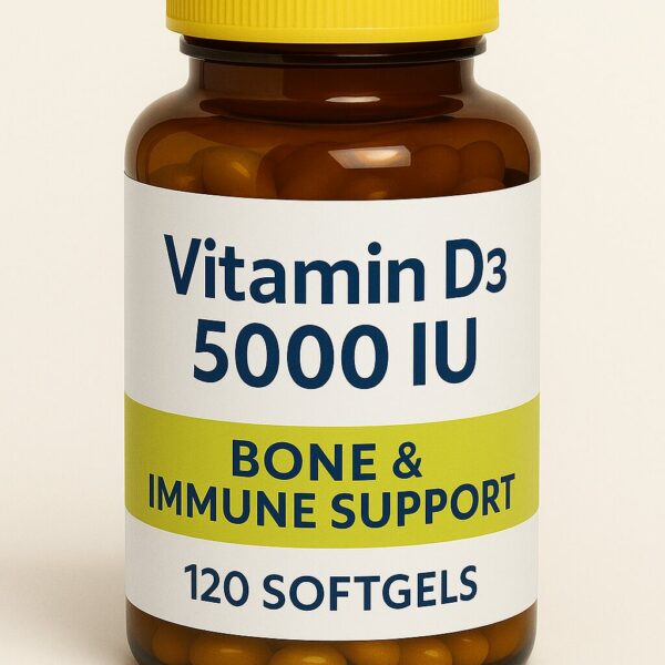 vitamin D3 supplement bottle for immune and bone health with 5000 IU dosage