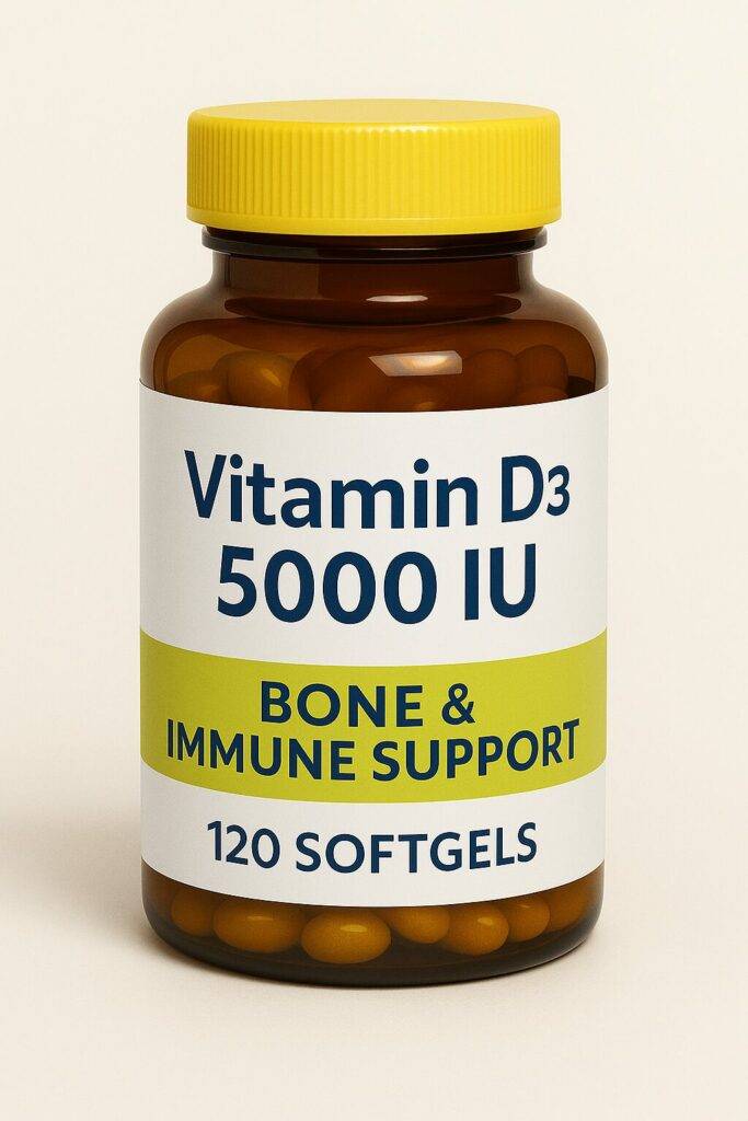 Daily Supplements-vitamin D3 supplement bottle for immune and bone health with 5000 IU dosage