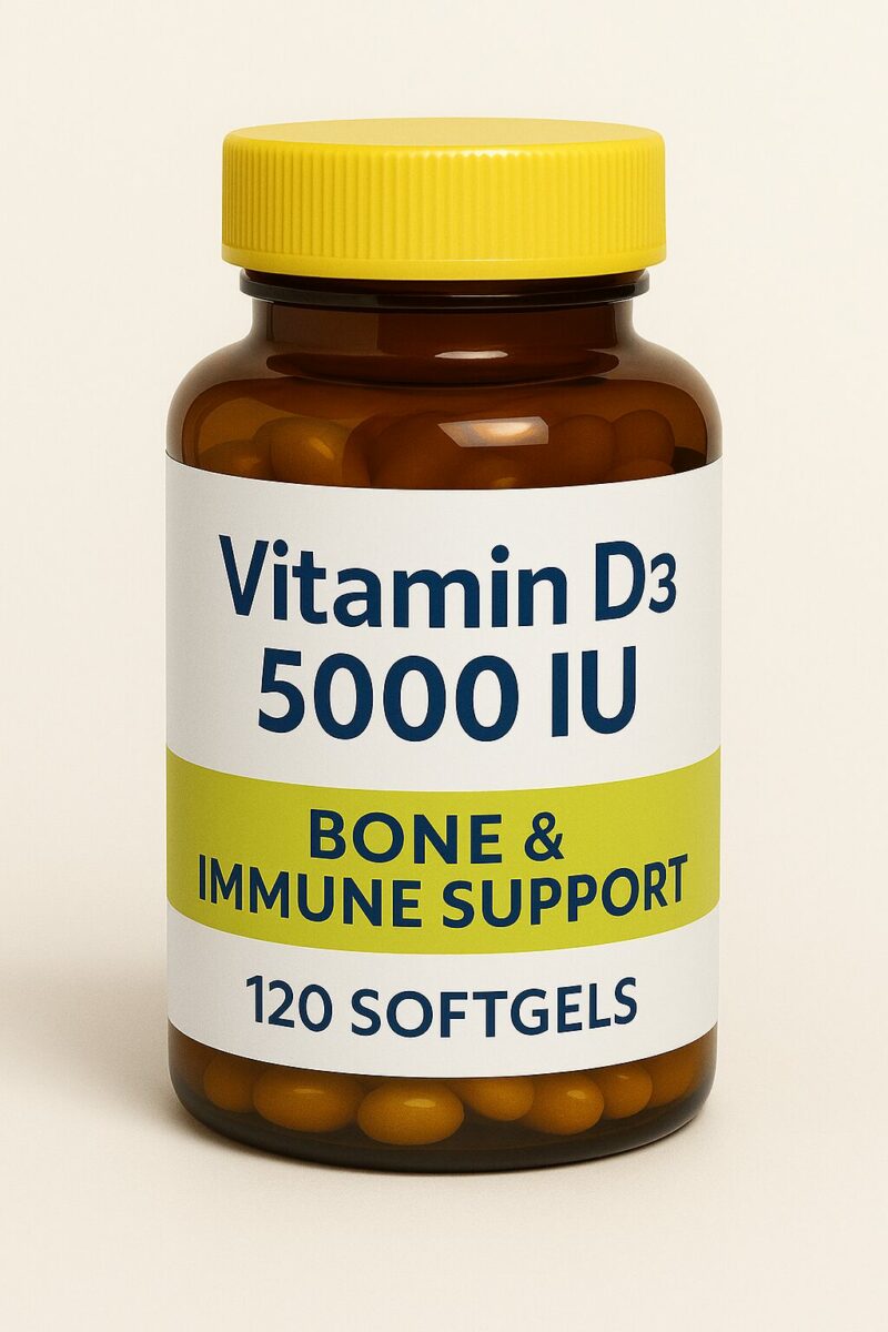 vitamin D3 supplement bottle for immune and bone health with 5000 IU dosage