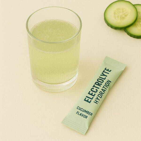 Cucumber electrolyte hydration drink with mix packet and sliced cucumber on neutral background