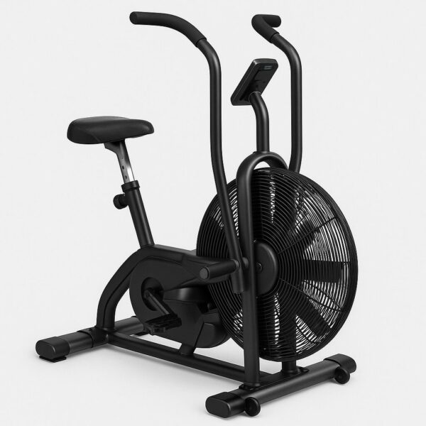 Stationary exercise bike with a large adjustable resistance dial, padded seat, and handlebars with grip. Features a digital display showing time and speed.