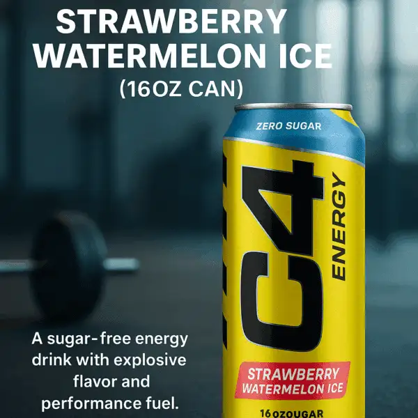 A can of C4 Energy Drink in Strawberry Watermelon Ice flavor standing on a gym floor, with bold yellow and black design, labeled “Zero Sugar” and “16oz.”