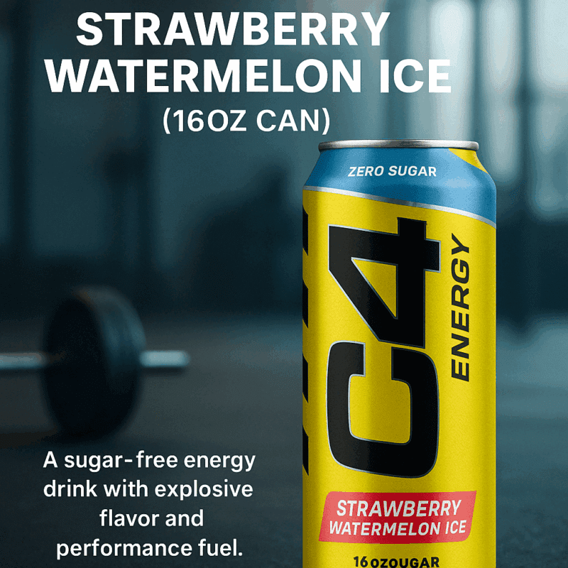 A can of C4 Energy Drink in Strawberry Watermelon Ice flavor standing on a gym floor, with bold yellow and black design, labeled “Zero Sugar” and “16oz.”