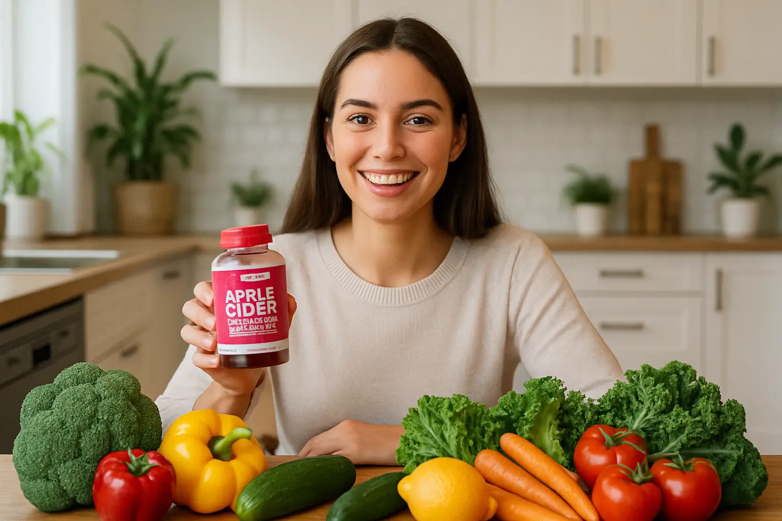 Young woman in a kitchen holding apple cider vinegar gummies, surrounded by fresh fruits and vegetables on the table