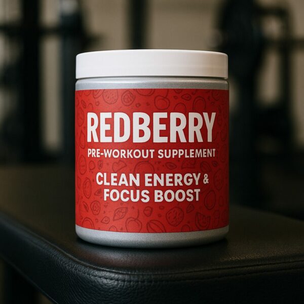 Redberry pre-workout supplement can on a black gym bench with blurred workout equipment in the background
