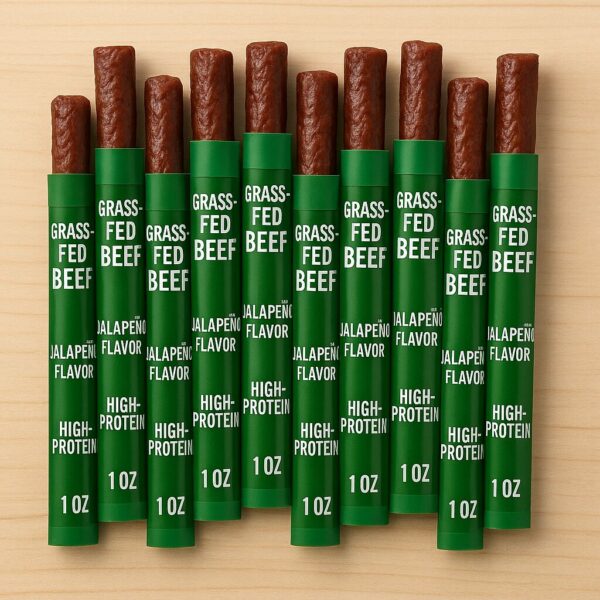 Ten individually wrapped grass-fed beef snack sticks with jalapeño flavor, labeled “high-protein,” displayed on a light wooden surface.