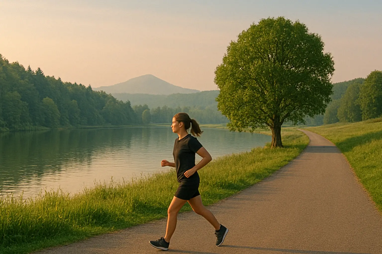 Woman jogging along a lakeside path in the morning, surrounded by green grass, a large tree, and distant hills under soft sunlight